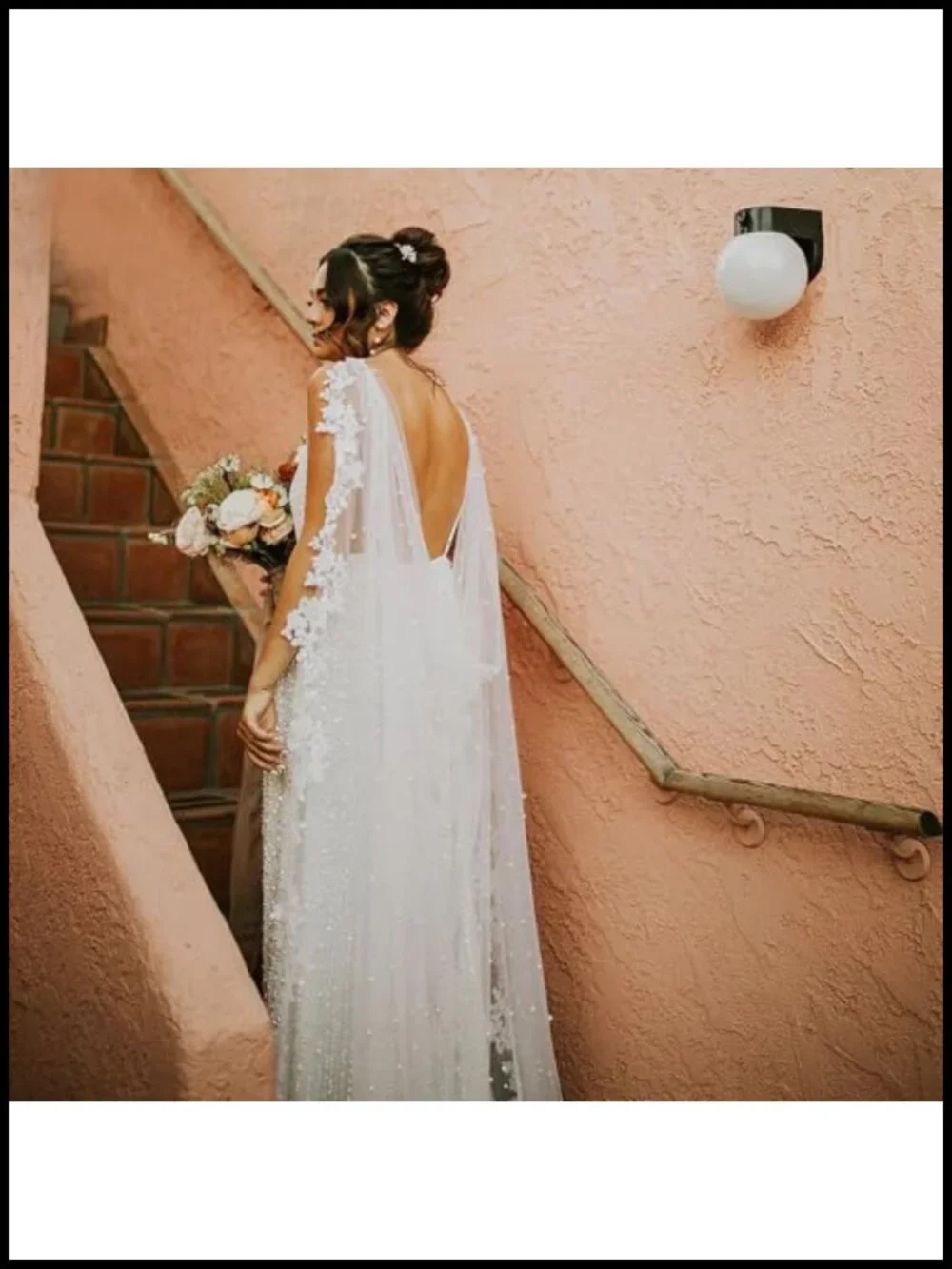 Lace Bridal Cape Pearl Wedding Veil Cathedral Shawl Long Tulle Wrap Evening